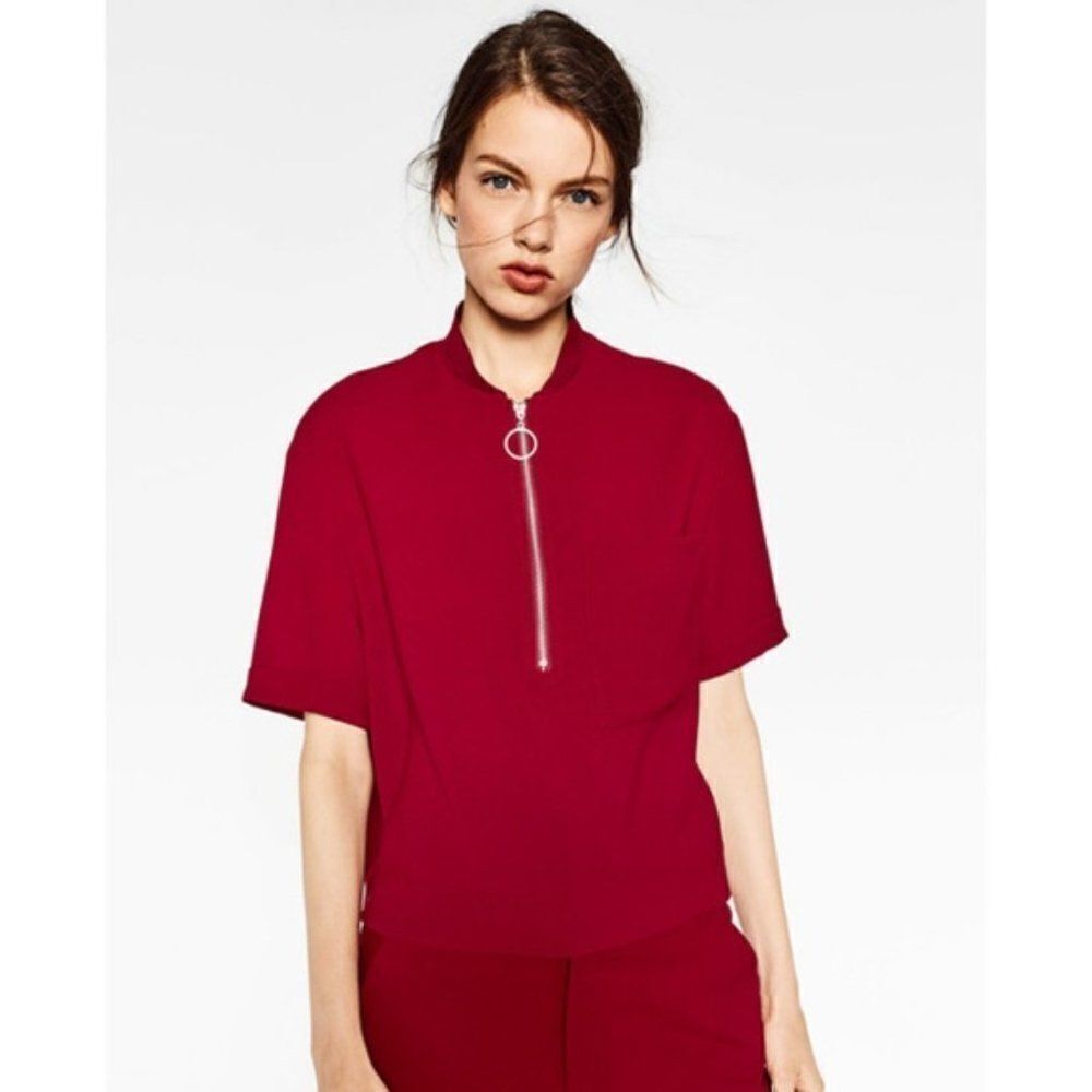 ZARA RED HIGH NECK ZIPPER TOP